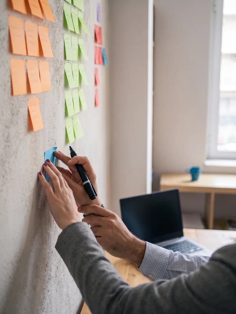 Χέρια που κολλούν sticky note σε τοίχο